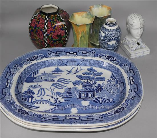 Phrenology head, blue and white meat plates and vases